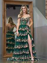 A-Line Lace Off-the-Shoulder Tiered Long Prom Dress with Slit – Prom Dress by KissProm | Available at KissProm