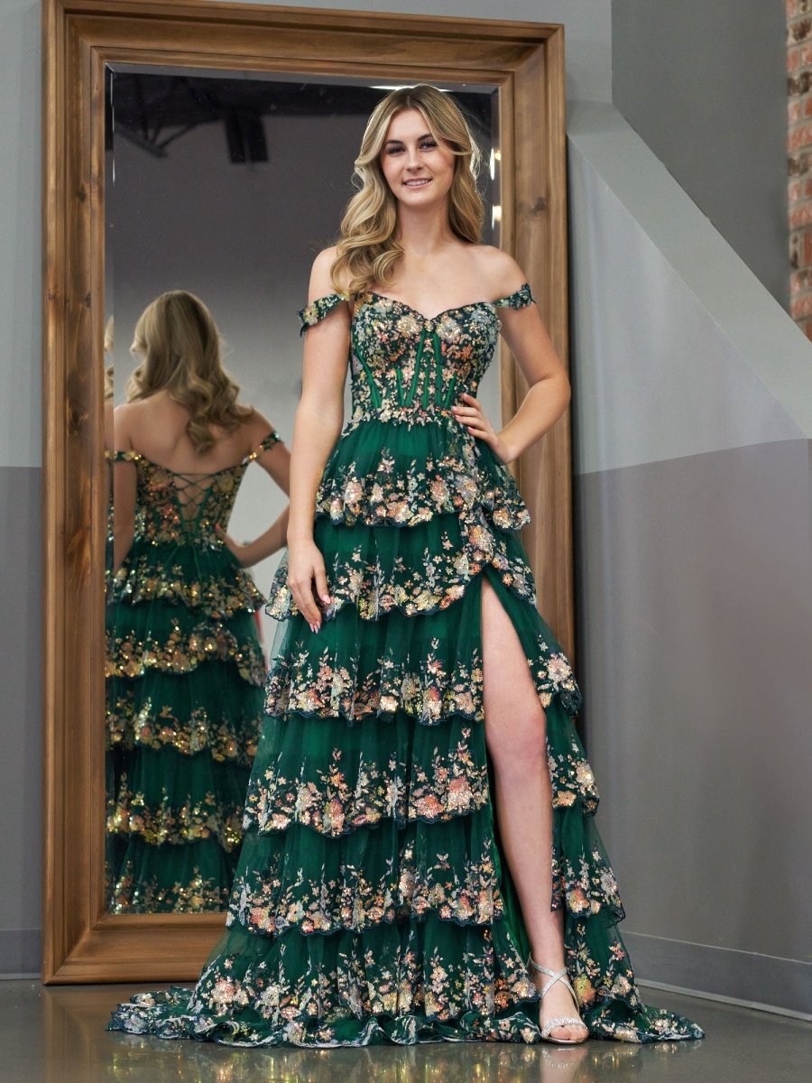 green lace off the shoulder dress KissProm Crystal Sequins Princess A Line Prom with Ruffles, Green / 22 Intricate appliques adorn the Size:44,5 Deep Crossover Back Satin height_410_dress