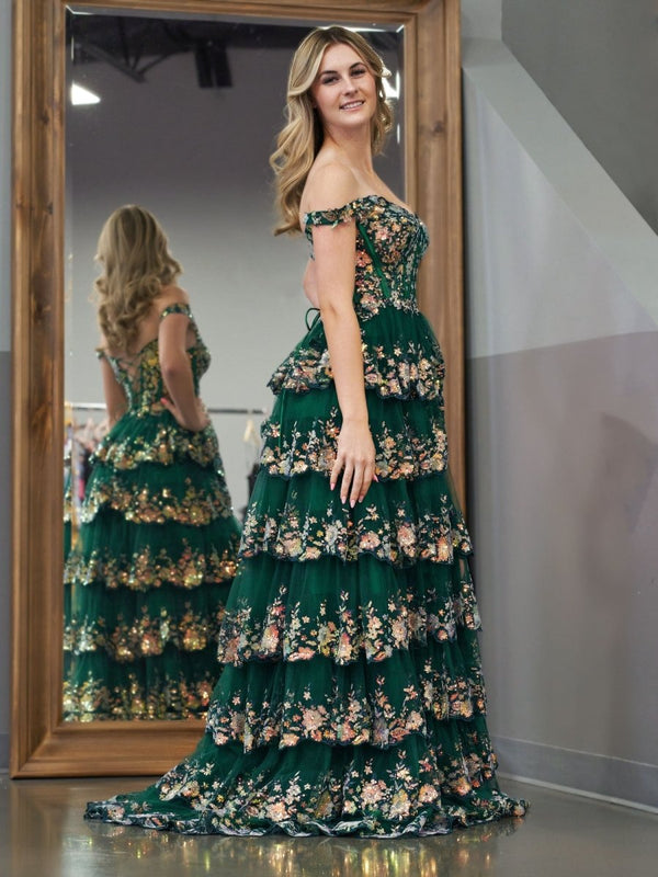 Capri | Green Crystal Sequins Princess A Line Off the Shoulder Prom Dress with Lace Ruffles - KissProm