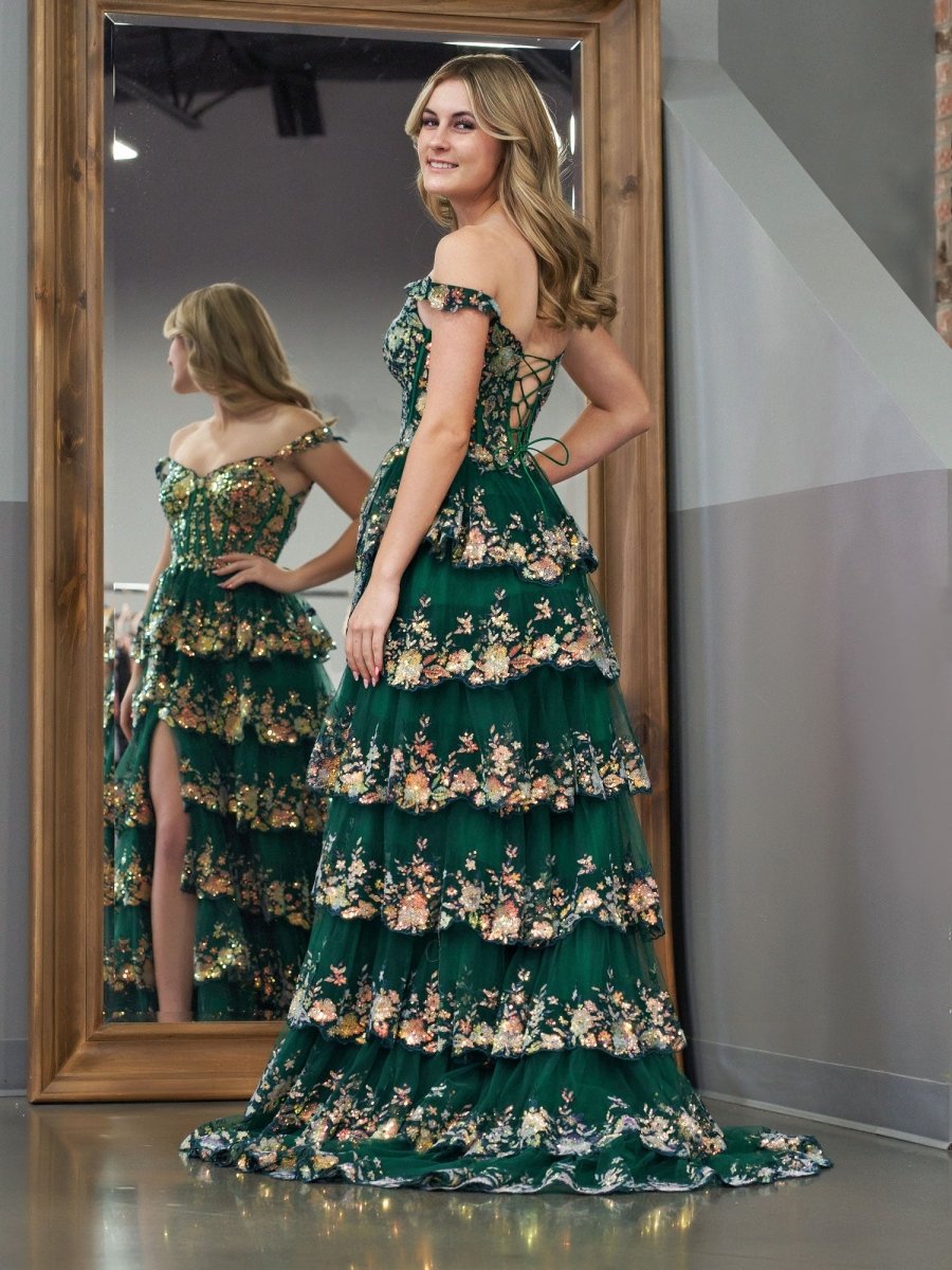 Green Crystal Sequins Princess A Line Off the Shoulder Prom Dress with Lace Ruffles Green / 22