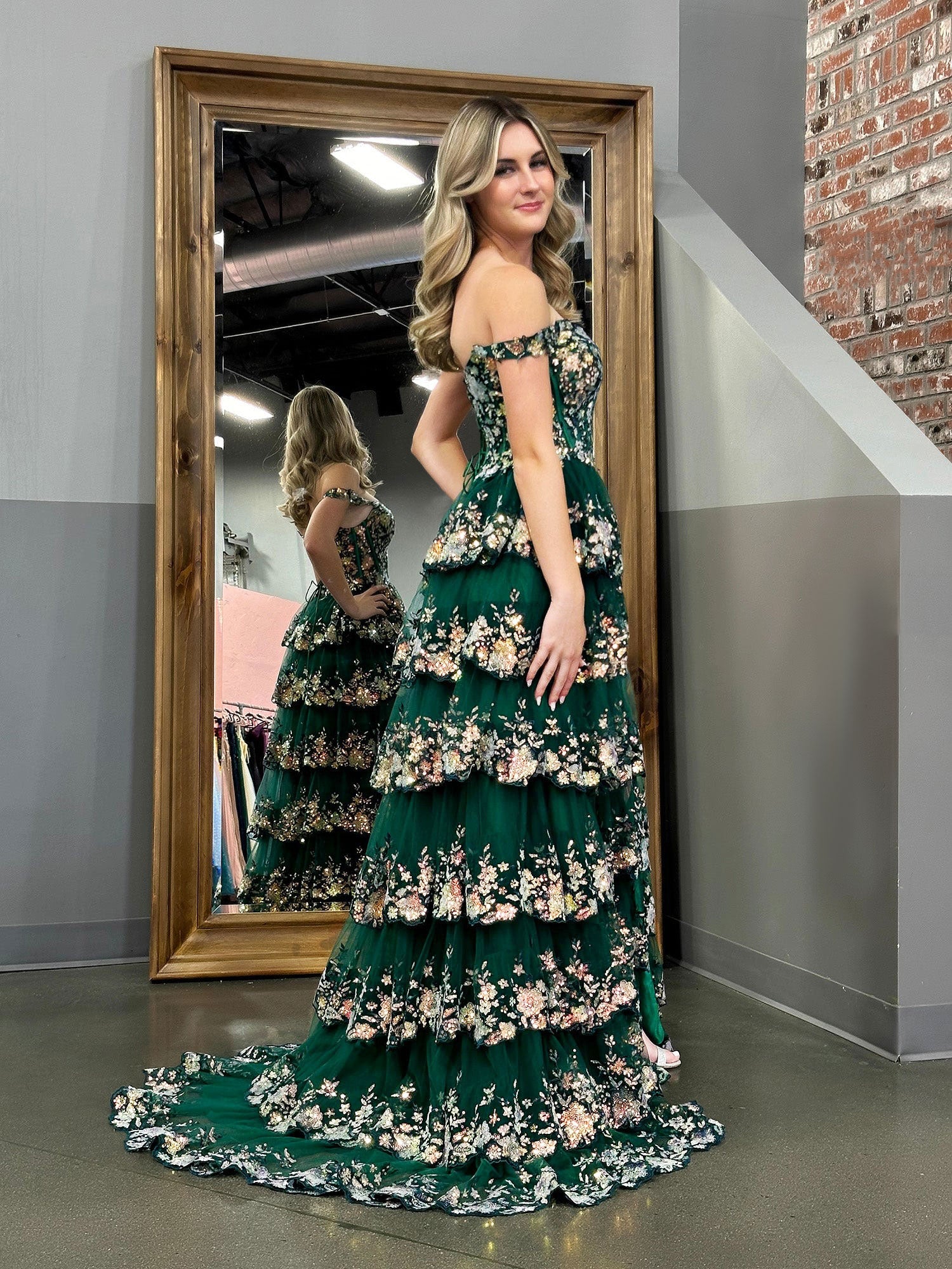 Capri | Green Crystal Sequins Princess A Line Off the Shoulder Prom Dress with Lace Ruffles