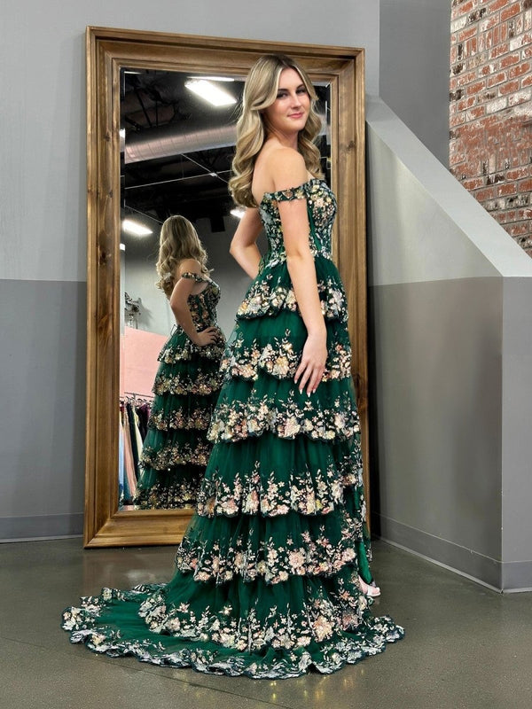 Capri | Green Crystal Sequins Princess A Line Off the Shoulder Prom Dress with Lace Ruffles - KissProm