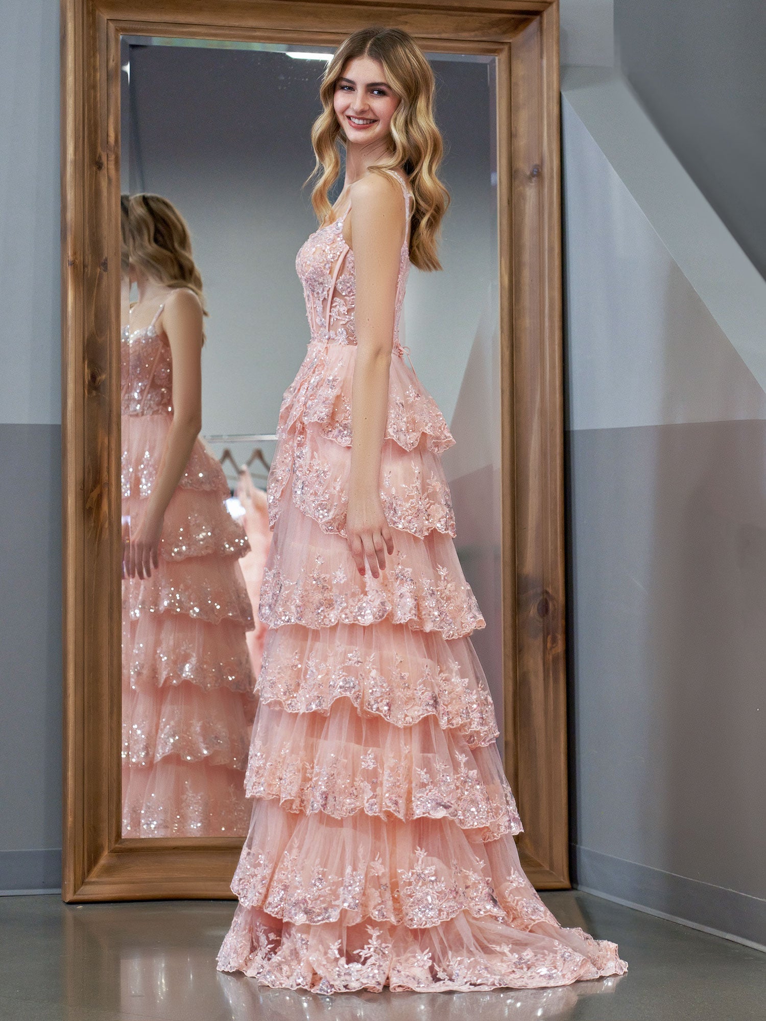 Capri | Pink Crystal Sequins Princess A Line Off the Shoulder Prom Dress with Lace Ruffles