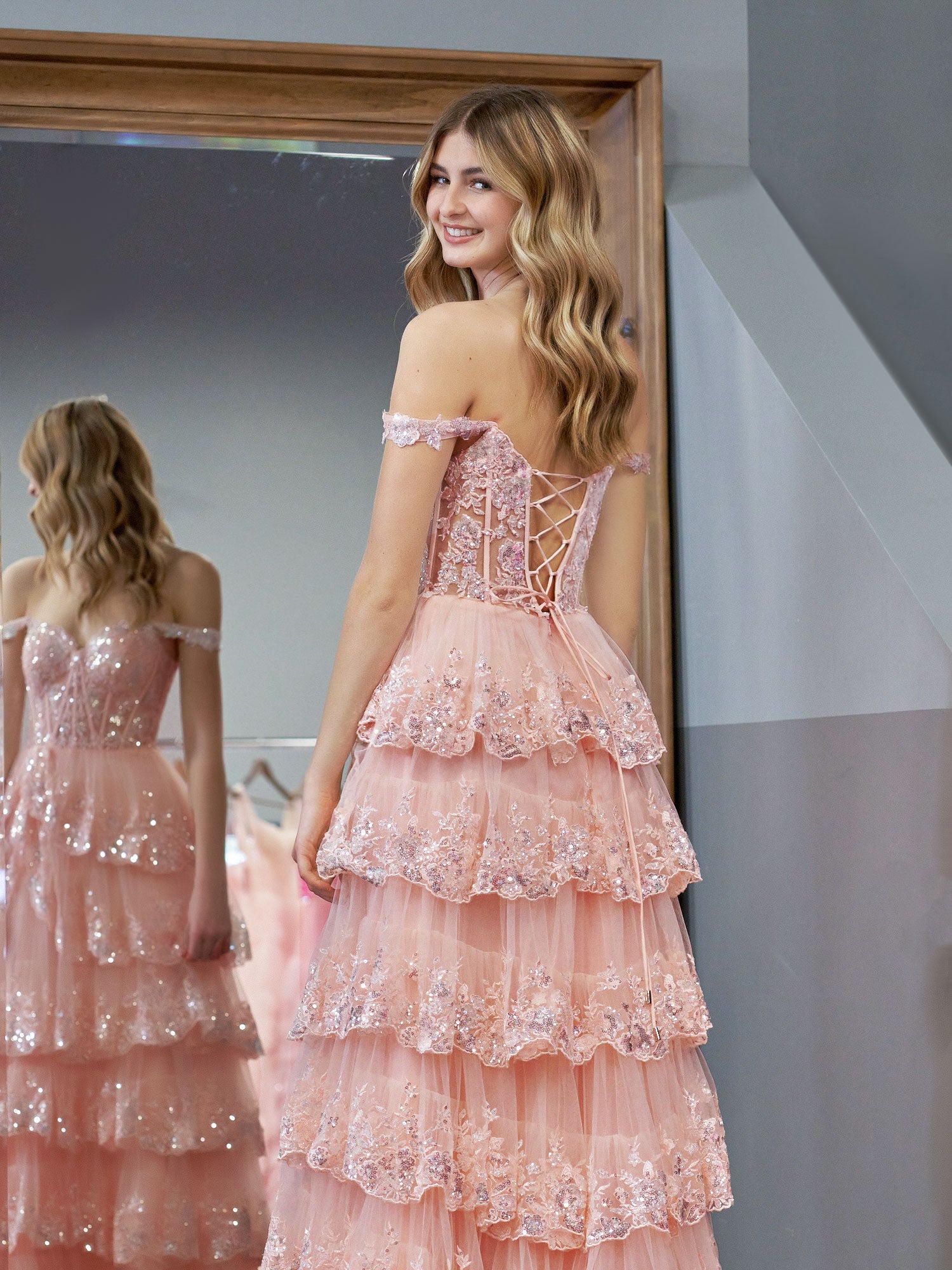 Capri | Pink Crystal Sequins Princess A Line Off the Shoulder Prom Dress with Lace Ruffles