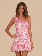 Caprice | Pink - A-Line One Shoulder Floral Chiffon Short Homecoming Dresses