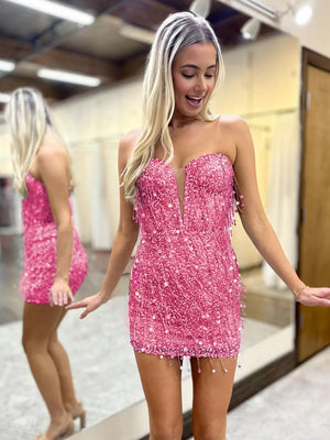 Carlina | Pink - Sequins Sweetheart Tight Short Homecoming Dresses With Fringes