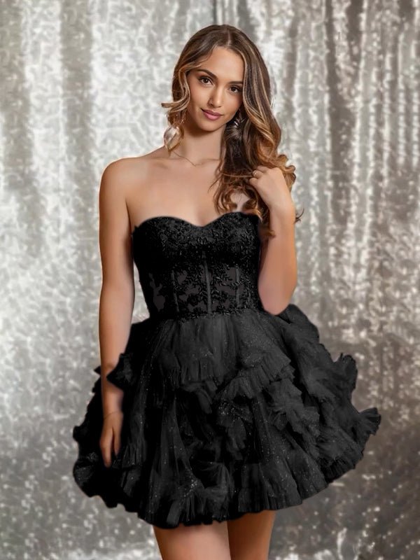 Carmelita | Black - Strapless A Line Ruffle Tulle Homecoming Dress With Appliques