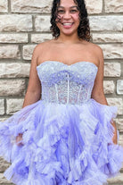 Carmelita | Lavender - Strapless A Line Ruffle Tulle Homecoming Dress With Appliques
