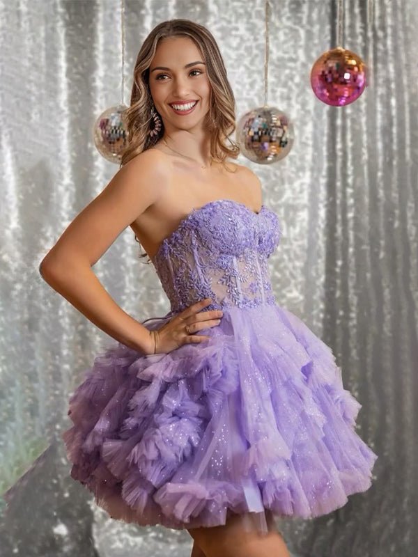 Carmelita | Lilac - Strapless A Line Ruffle Tulle Homecoming Dress With Appliques