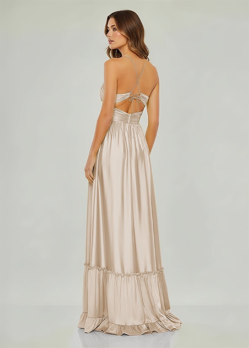 Carnation | Criss - cross Chartreuse Ruched A - line Halter Sleeveless Long Prom Dress - KissProm