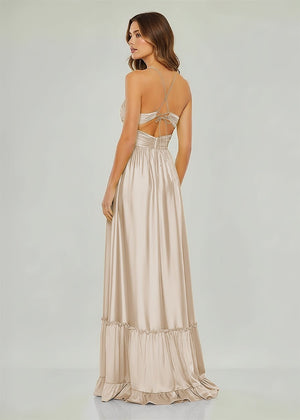 Carnation | Criss - cross Chartreuse Ruched A - line Halter Sleeveless Long Prom Dress - KissProm