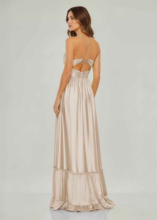 Carnation | Criss - cross Chartreuse Ruched A - line Halter Sleeveless Long Prom Dress - KissProm