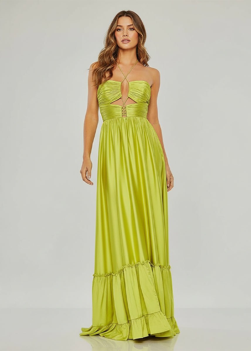 KissProm-Carnation Criss-cross Chartreuse Ruched A-line Halter Sleeveless Long Prom Dress
