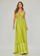 KissProm-Carnation Criss-cross Chartreuse Ruched A-line Halter Sleeveless Long Prom Dress