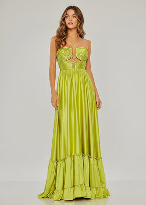 KissProm-Carnation Criss-cross Chartreuse Ruched A-line Halter Sleeveless Long Prom Dress