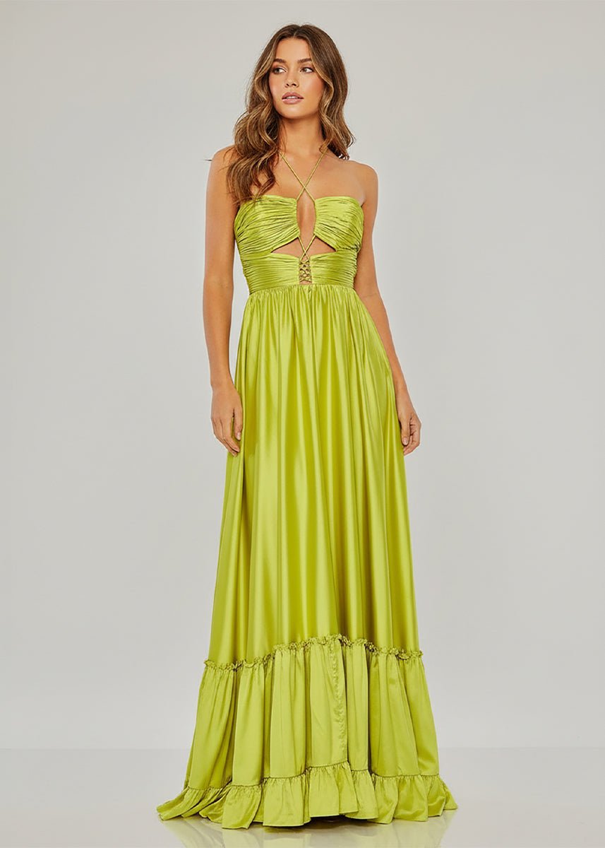 KissProm-Carnation Criss-cross Chartreuse Ruched A-line Halter Sleeveless Long Prom Dress