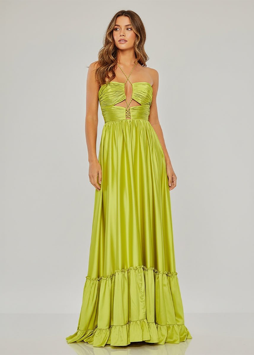 KissProm Criss-cross Chartreuse Ruched A-line Halter Sleeveless Long Prom Dress, Chartreuse / 8