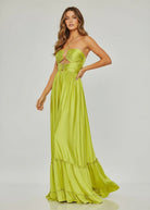 KissProm-Carnation Criss-cross Chartreuse Ruched A-line Halter Sleeveless Long Prom Dress