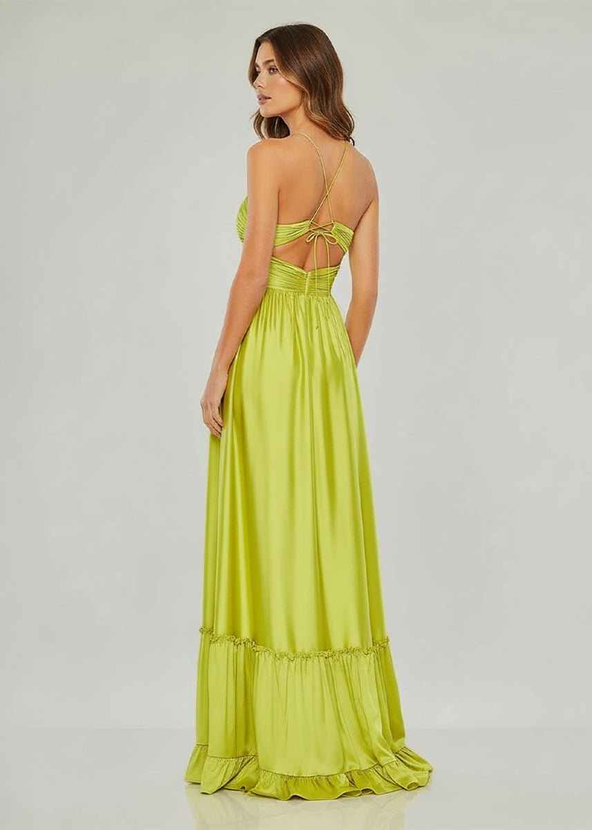 KissProm Criss-cross Chartreuse Ruched A-line Halter Sleeveless Long Prom Dress, Dusty Blue / 6