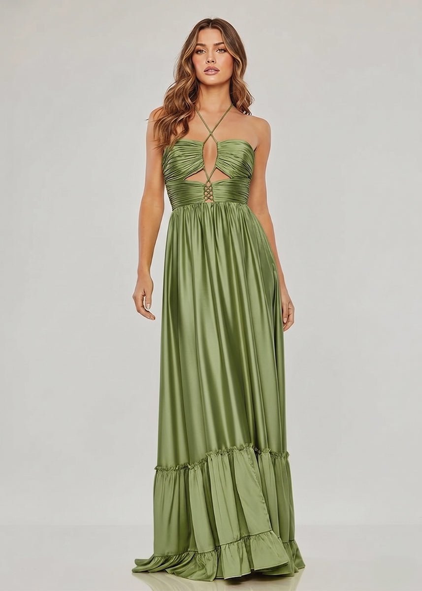 Criss-cross Chartreuse Ruched A-line Halter Sleeveless Long Prom Dress
