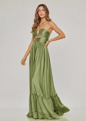 Criss-cross Chartreuse Ruched A-line Halter Sleeveless Long Prom Dress – Prom Dresses by KissProm | Available at KissProm