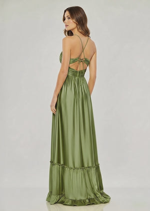 Criss-cross Chartreuse Ruched A-line Halter Sleeveless Long Prom Dress – Prom Dresses by KissProm | Available at KissProm