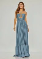 Carnation | Criss - cross Chartreuse Ruched A - line Halter Sleeveless Long Prom Dress - KissProm