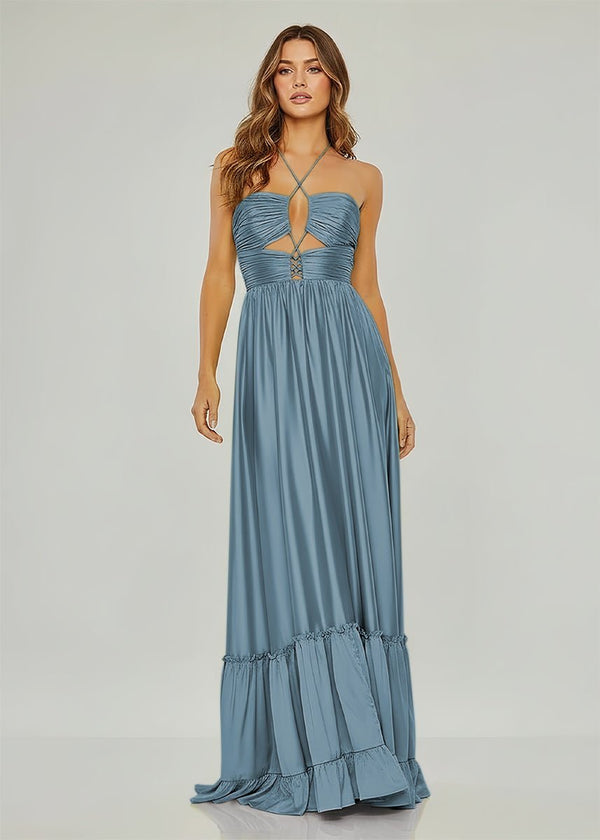 KissProm Criss-cross Chartreuse Ruched A-line Halter Sleeveless Long Prom Dress, Dusty Blue / 6