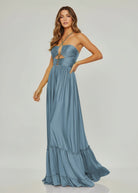 Carnation | Criss - cross Chartreuse Ruched A - line Halter Sleeveless Long Prom Dress - KissProm