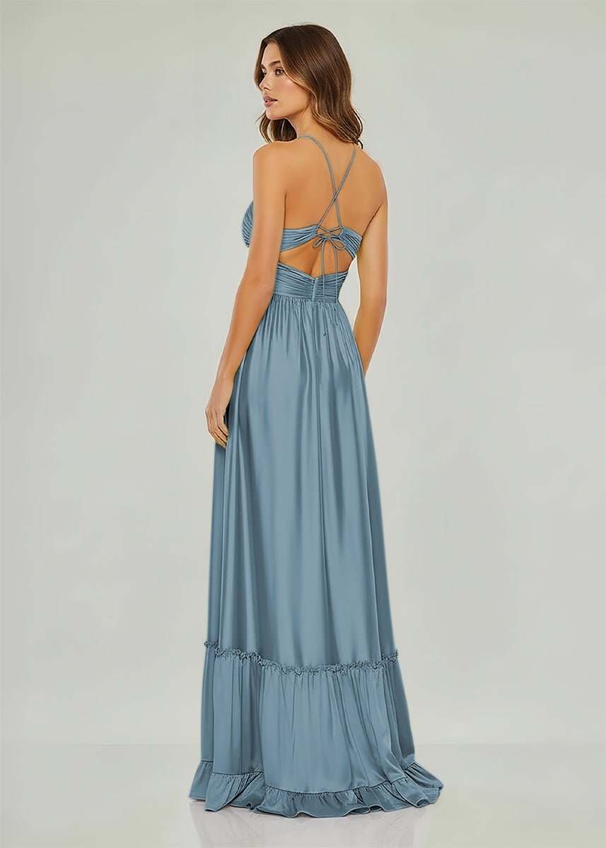 Carnation | Criss - cross Chartreuse Ruched A - line Halter Sleeveless Long Prom Dress - KissProm