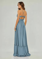 Carnation | Criss - cross Chartreuse Ruched A - line Halter Sleeveless Long Prom Dress - KissProm