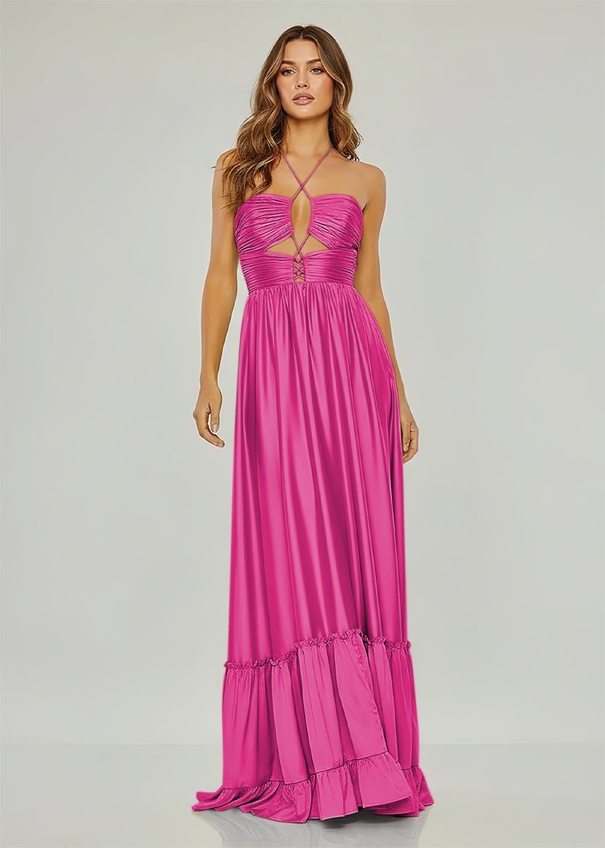 KissProm Criss-cross Chartreuse Ruched A-line Halter Sleeveless Long Prom Dress, Fuchsia / 4