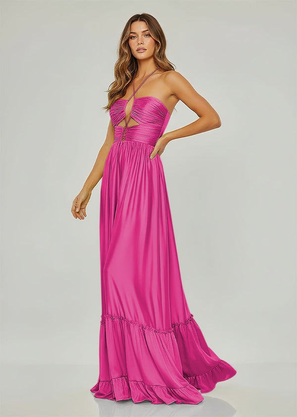 Criss-cross Chartreuse Ruched A-line Halter Sleeveless Long Prom Dress, Fuchsia / 4 Criss-cross Chartreuse Ruched A-line Halter Sleeveless Long Prom Dress, Fuchsia / 4