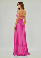 Carnation | Criss - cross Chartreuse Ruched A - line Halter Sleeveless Long Prom Dress - KissProm