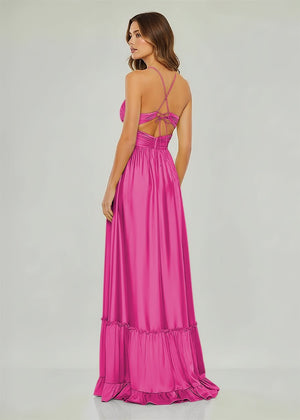 Carnation | Criss - cross Chartreuse Ruched A - line Halter Sleeveless Long Prom Dress - KissProm