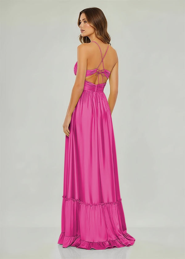 Carnation | Criss - cross Chartreuse Ruched A - line Halter Sleeveless Long Prom Dress - KissProm