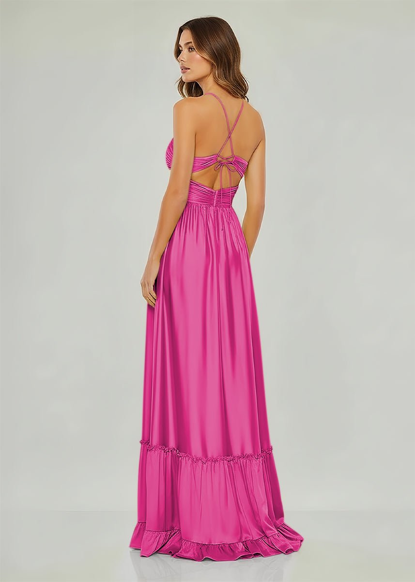 Carnation | Criss - cross Chartreuse Ruched A - line Halter Sleeveless Long Prom Dress - KissProm