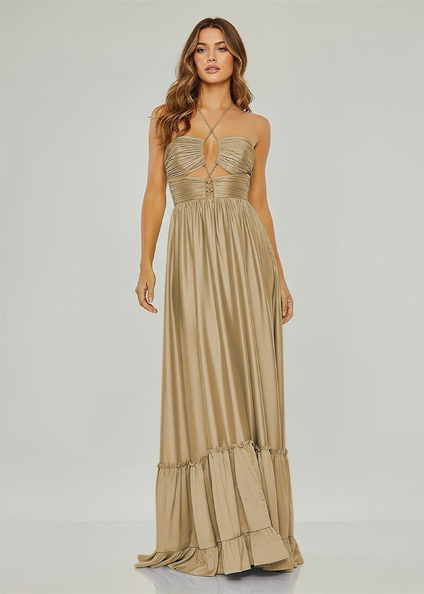 Carnation | Criss - cross Chartreuse Ruched A - line Halter Sleeveless Long Prom Dress - KissProm