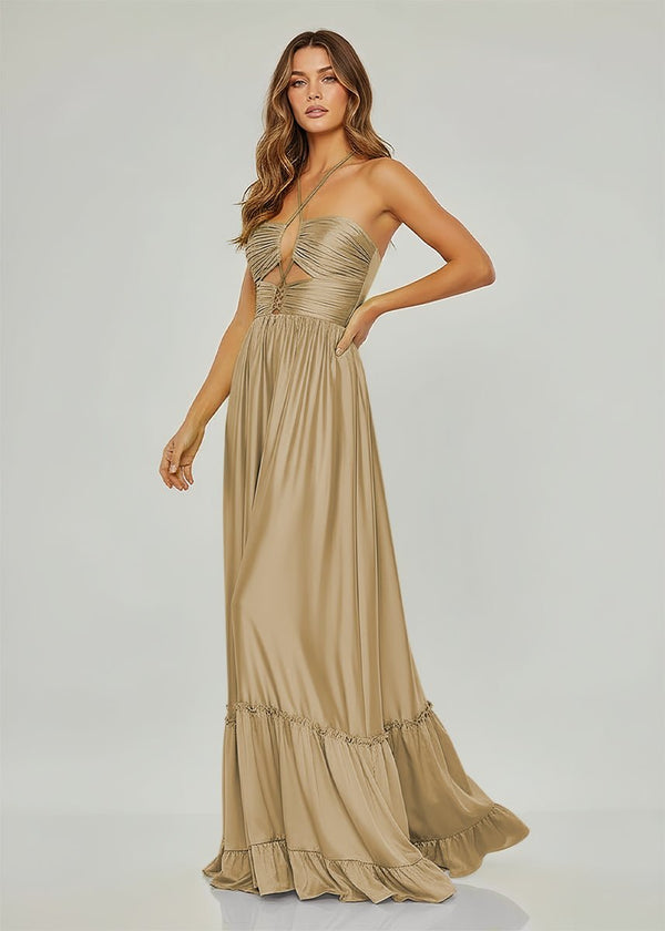 Carnation | Criss - cross Chartreuse Ruched A - line Halter Sleeveless Long Prom Dress - KissProm