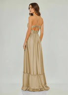 Carnation | Criss - cross Chartreuse Ruched A - line Halter Sleeveless Long Prom Dress - KissProm