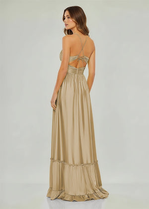 Carnation | Criss - cross Chartreuse Ruched A - line Halter Sleeveless Long Prom Dress - KissProm