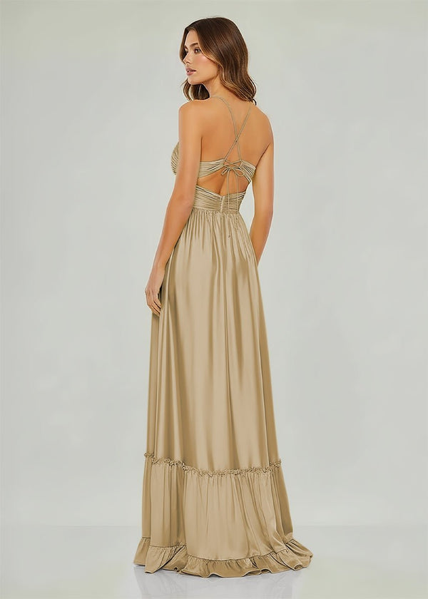 Carnation | Criss - cross Chartreuse Ruched A - line Halter Sleeveless Long Prom Dress - KissProm