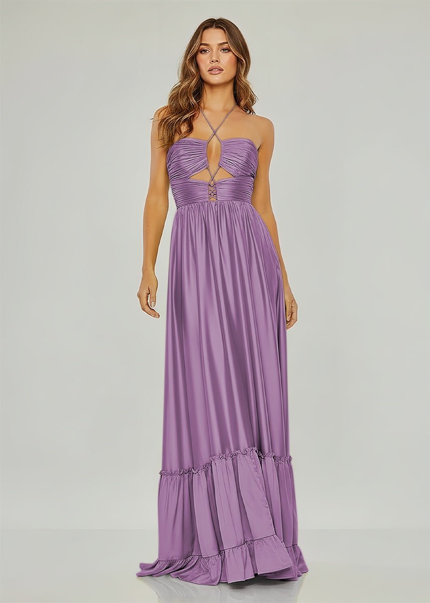 KissProm Criss-cross Chartreuse Ruched A-line Halter Sleeveless Long Prom Dress, Lilac / 14