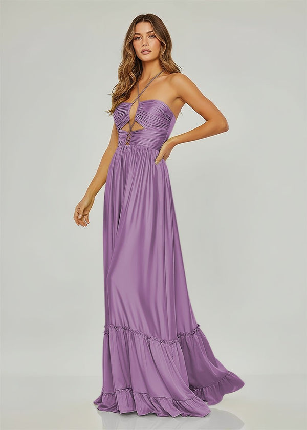 Carnation | Criss - cross Chartreuse Ruched A - line Halter Sleeveless Long Prom Dress - KissProm