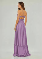 Carnation | Criss - cross Chartreuse Ruched A - line Halter Sleeveless Long Prom Dress - KissProm