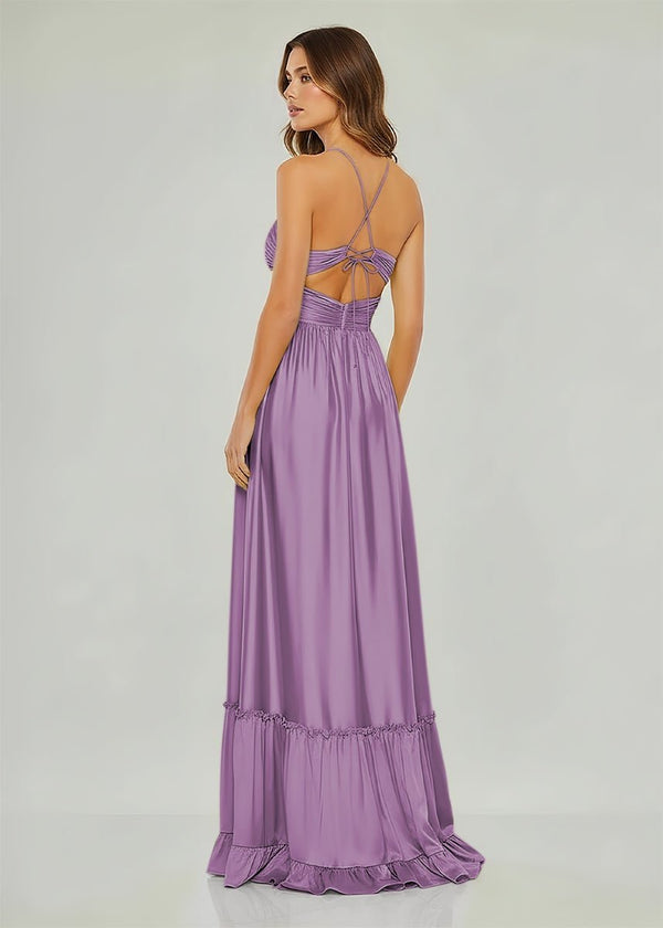 KissProm Criss-cross Chartreuse Ruched A-line Halter Sleeveless Long Prom Dress, Lilac / 14