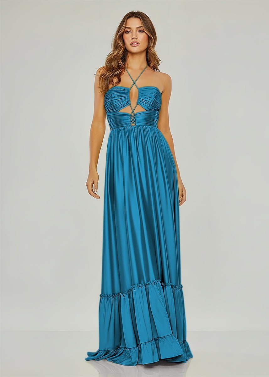 KissProm Criss-cross Chartreuse Ruched A-line Halter Sleeveless Long Prom Dress, Peacock / 0