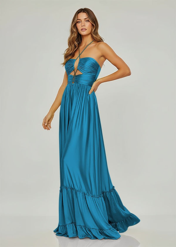 Criss-cross Chartreuse Ruched A-line Halter Sleeveless Long Prom Dress, Peacock / 0 Criss-cross Chartreuse Ruched A-line Halter Sleeveless Long Prom Dress, Peacock / 0