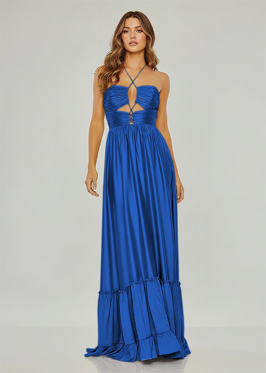 Carnation | Criss - cross Chartreuse Ruched A - line Halter Sleeveless Long Prom Dress - KissProm