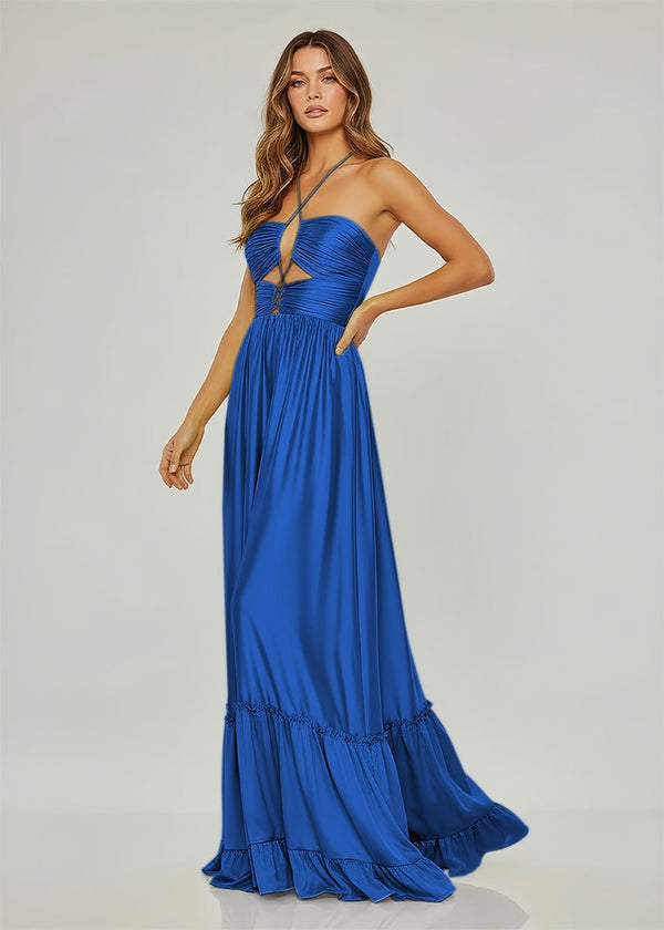 Criss-cross Chartreuse Ruched A-line Halter Sleeveless Long Prom Dress, Royal Blue / 12 Criss-cross Chartreuse Ruched A-line Halter Sleeveless Long Prom Dress, Royal Blue / 12